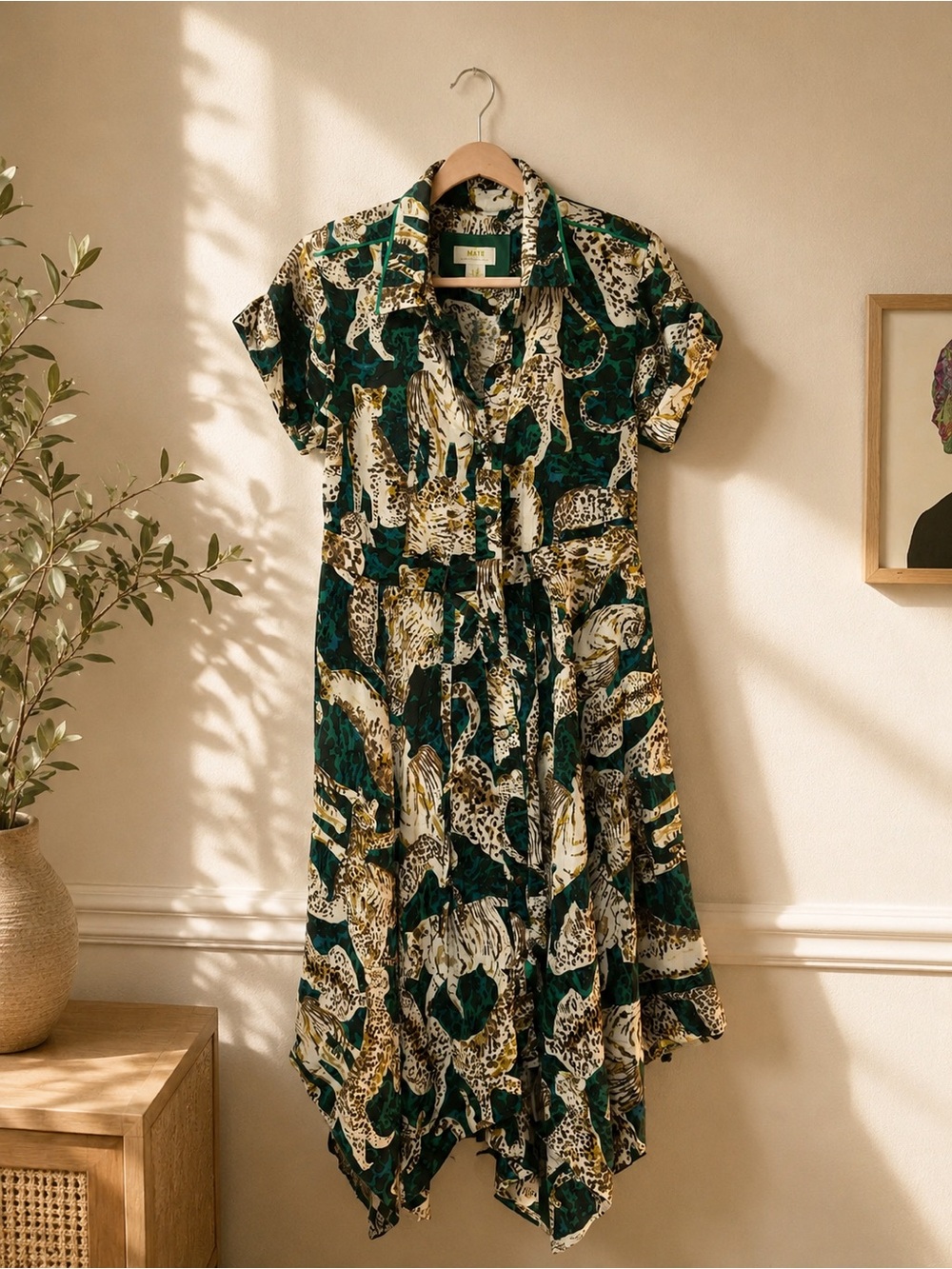 Maeve Green White Gold Animal Print Asymmetrical Dress